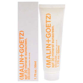 MALIN+GOETZ front tube of SPF 30 mineral sunscreen showing compact packaging and travel-friendly size