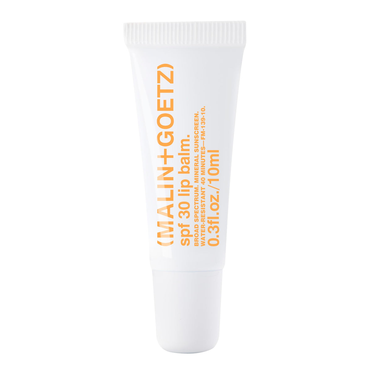 MALIN+GOETZ front view of SPF 30 lip balm showing label and tube, protective benefit