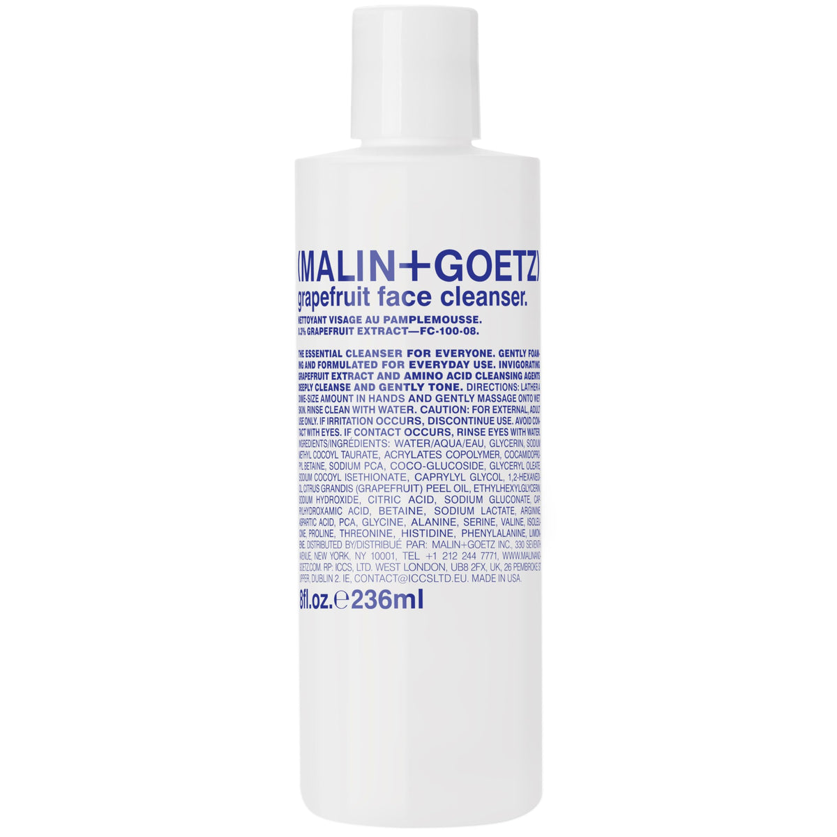 MALIN+GOETZ front bottle showing cleanser packaging and clear branding benefit: recognisable product