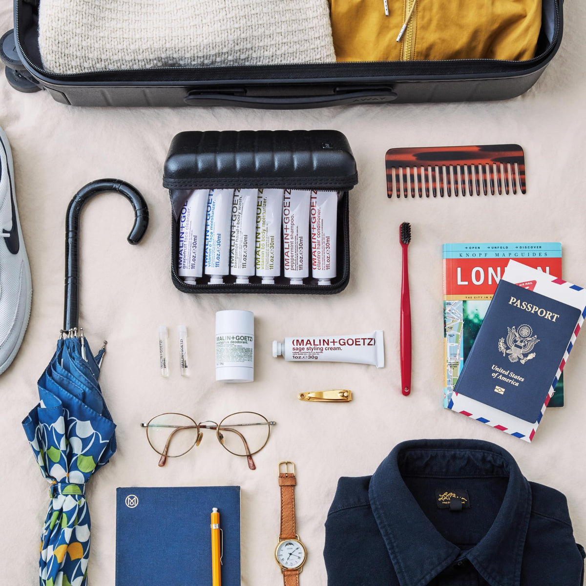 MALIN+GOETZ kit packed in a toiletry bag showing travel convenience benefit