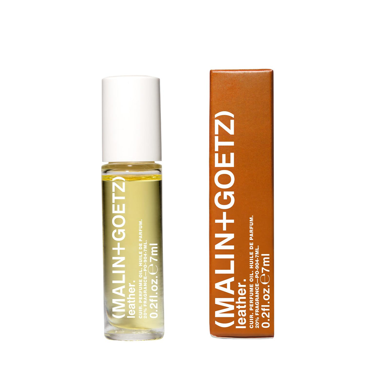 MALIN+GOETZ front packaging displaying sleek leather perfume rollerball, convenient travel benefit