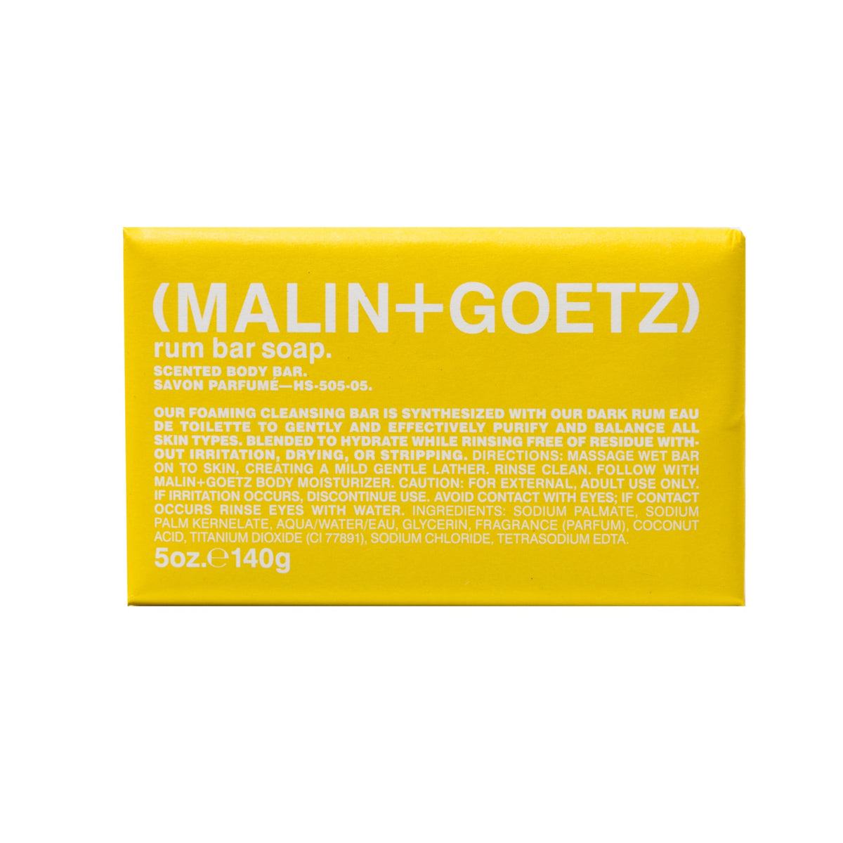 Malin + Goetz front packaging showing rum bar soap, clear branding and premium look