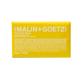 Malin + Goetz front packaging showing rum bar soap, clear branding and premium look