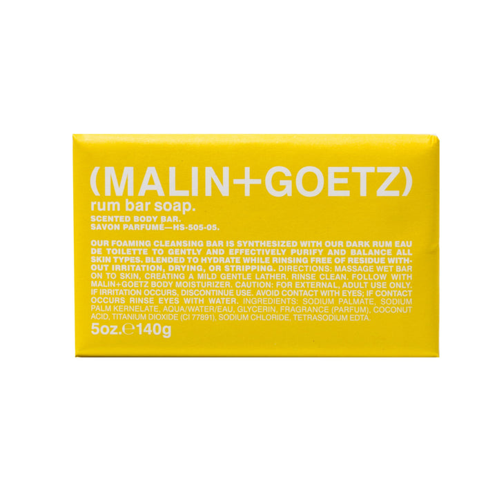 Malin + Goetz front packaging showing rum bar soap, clear branding and premium look