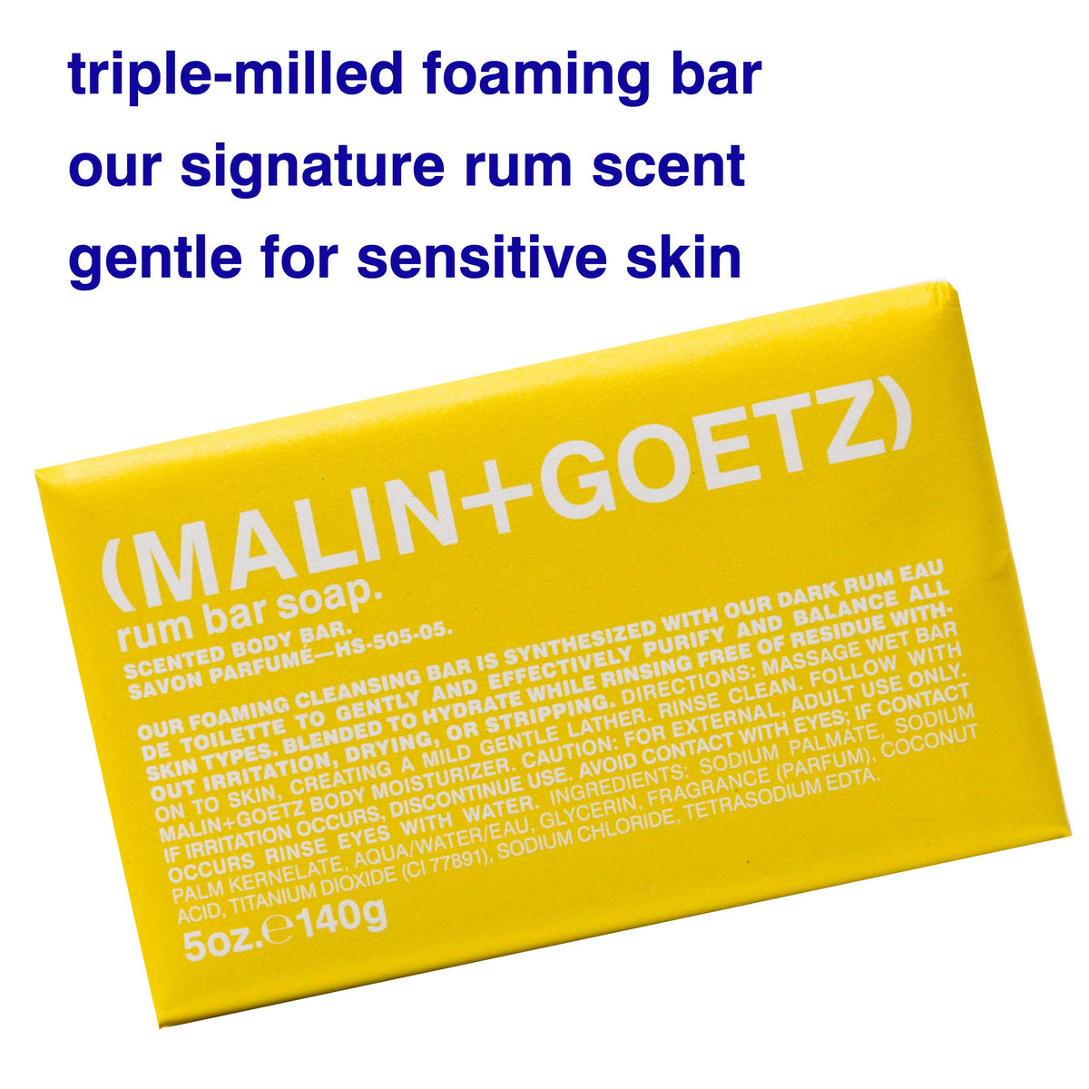 Malin + Goetz close-up texture of rum bar soap, dense triple-milled bar for lasting use
