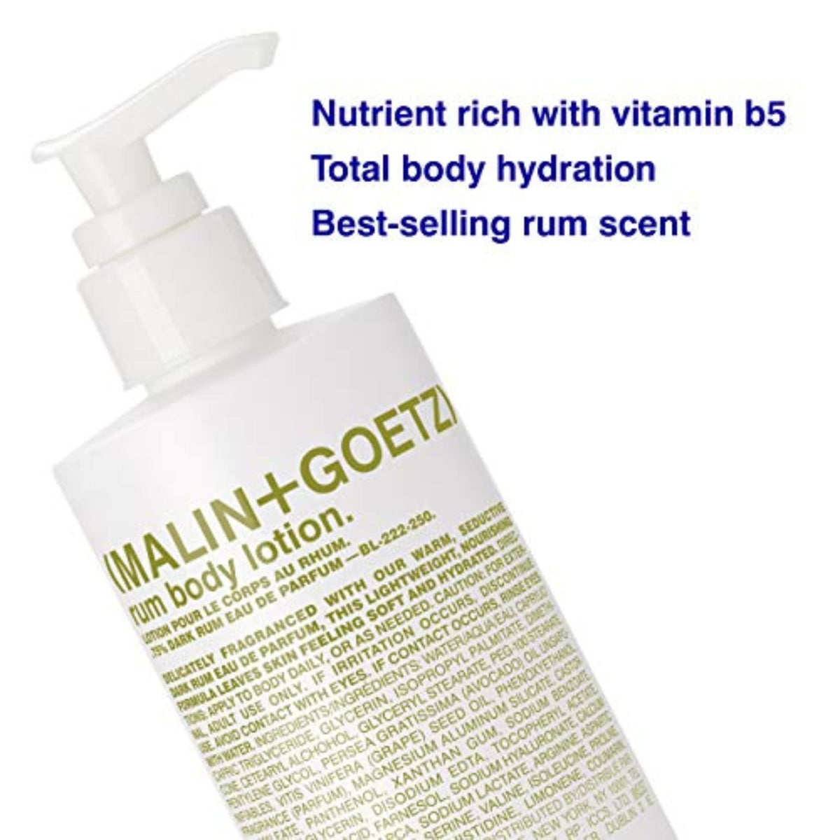 MALIN+GOETZ lotion texture swatch illustrating lightweight, fast-absorbing feel