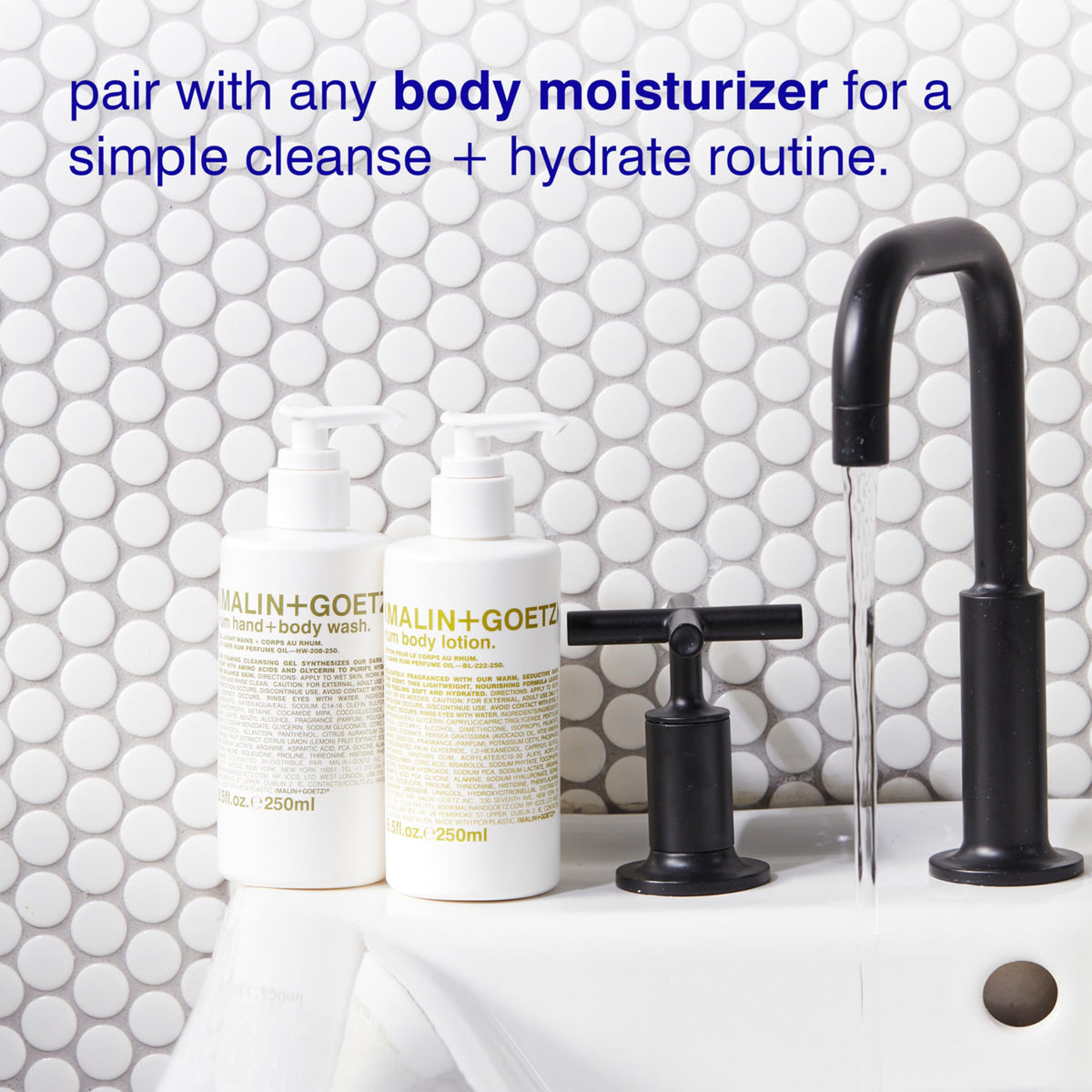 MALIN+GOETZ label detail highlighting product name and clean formulation benefits