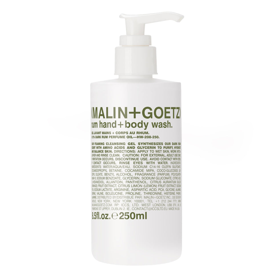 MALIN+GOETZ front bottle view showing minimalist packaging and warm rum scent