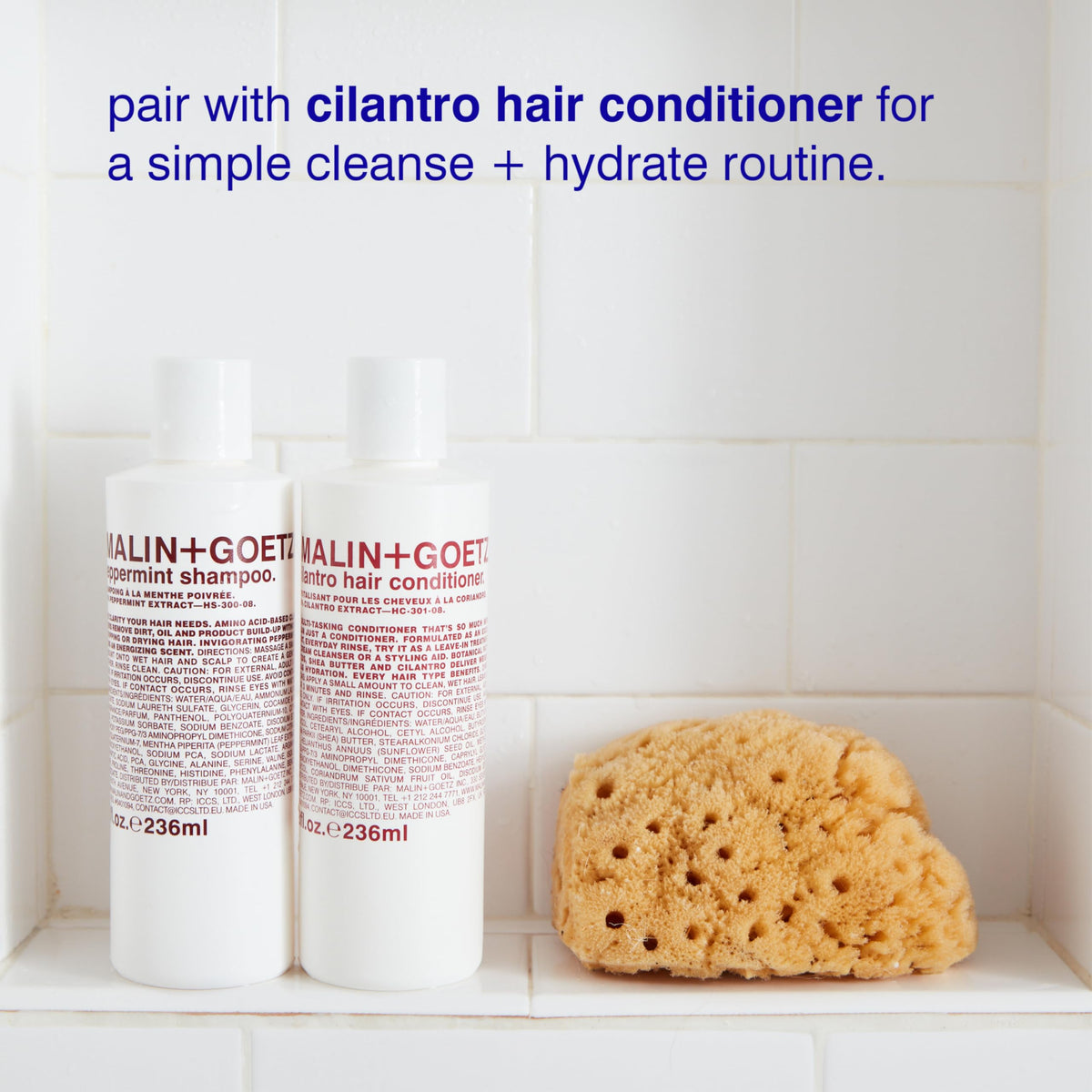 MALIN+GOETZ shampoo in shower setting portraying daily-use convenience