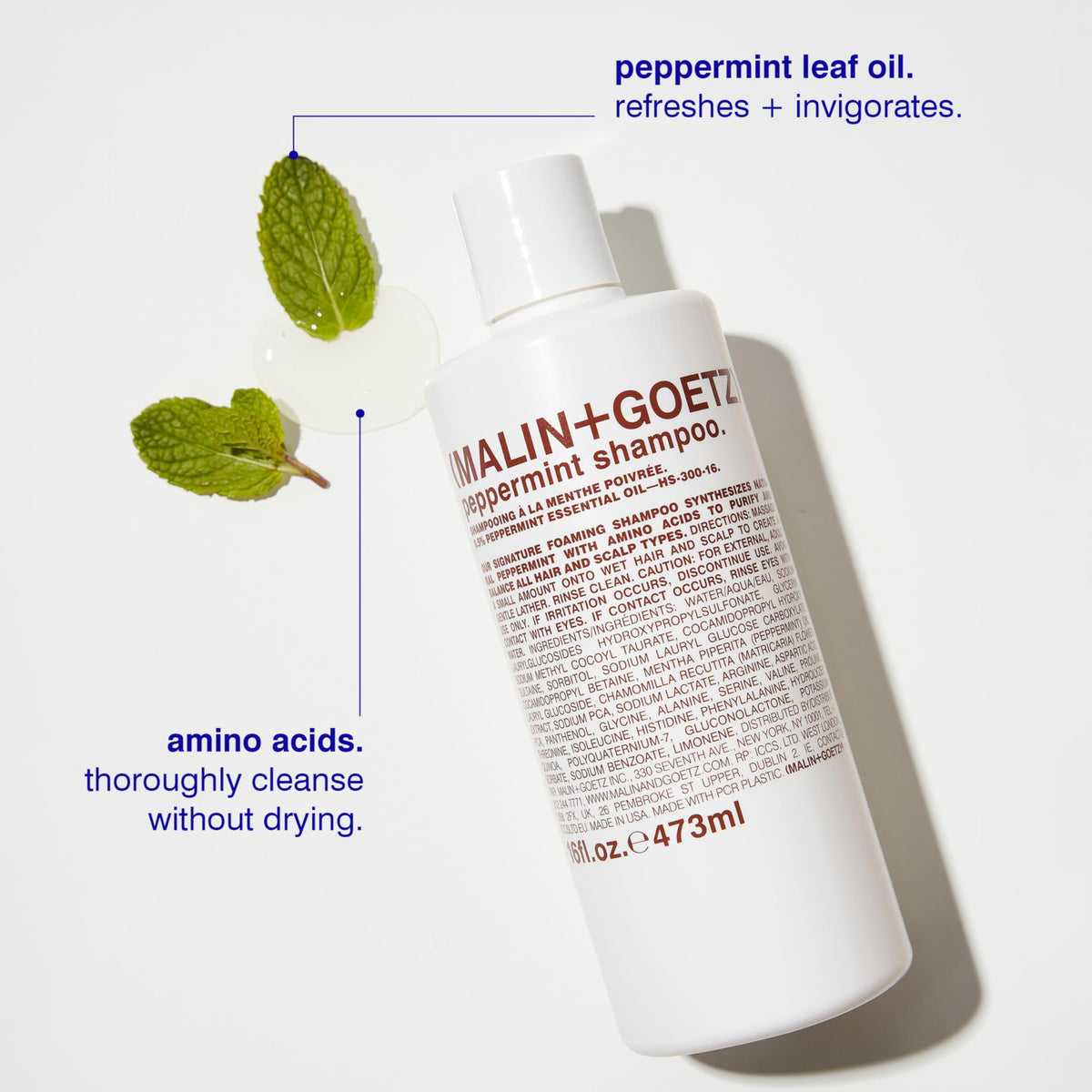 MALIN+GOETZ shampoo lather close-up illustrating gentle foam and texture
