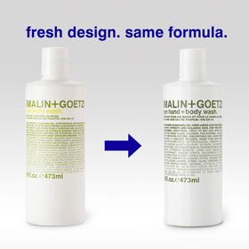 MALIN+GOETZ bottle placed in shower setting demonstrating versatile sink-to-shower use benefit