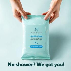 Mama & Wish no-rinse wipe being used for quick freshening without showering