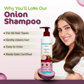 MAMAEARTH closeup label highlighting onion and plant keratin ingredients benefit