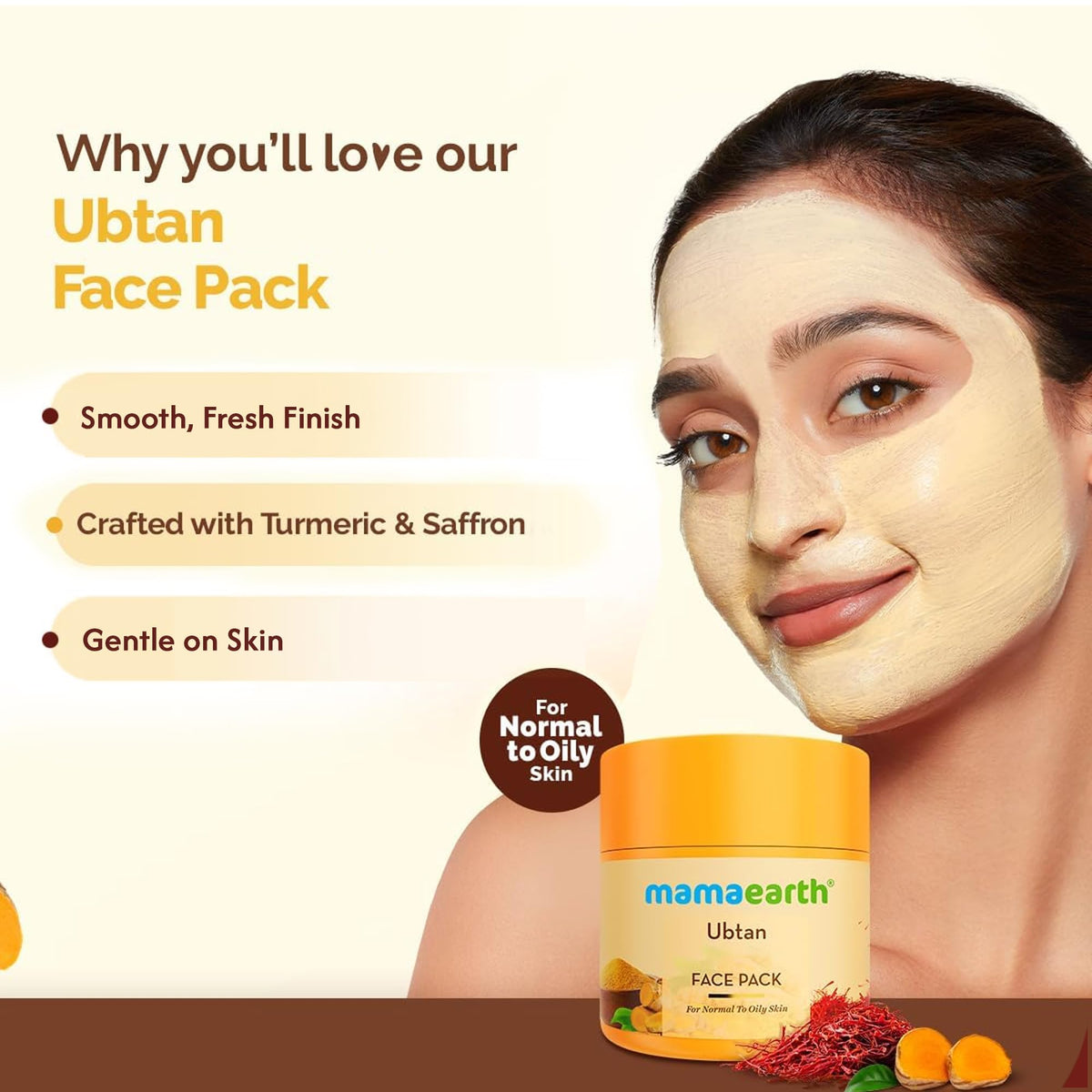MAMAEARTH model applying ubtan mask on face demonstrating gentle coverage and glow