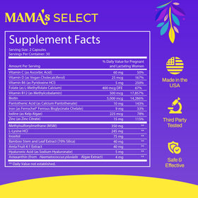 Mama's Select capsules close-up highlighting smooth vegan capsule texture and easy daily use