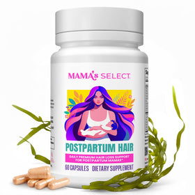 Mama's Select bottle front view showing clean postpartum hair support packaging and trust