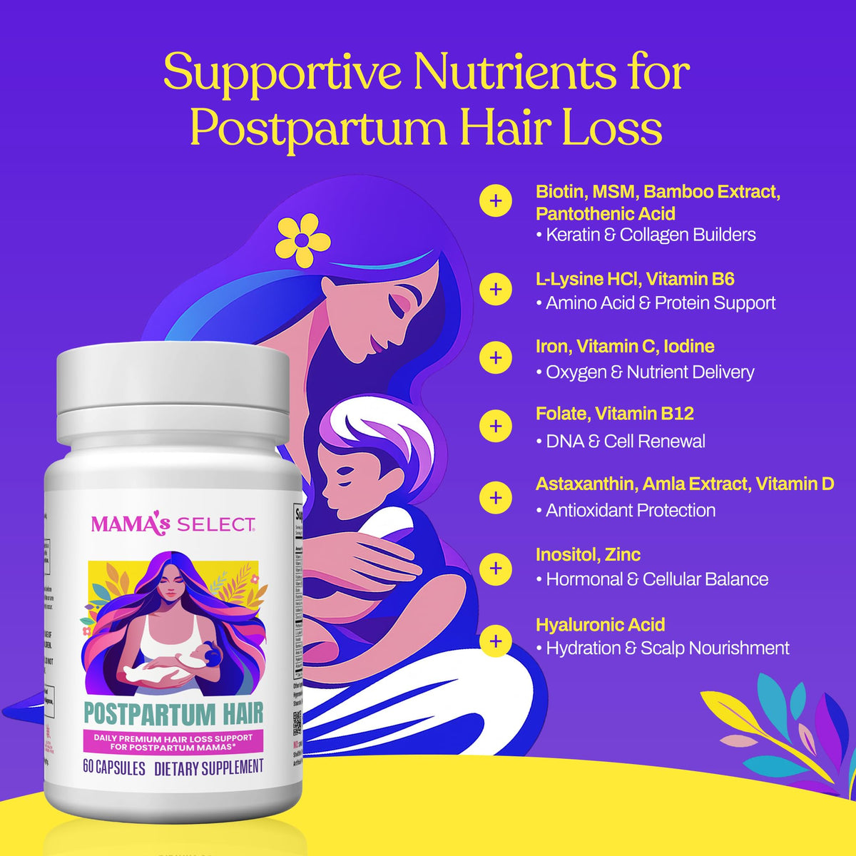 Mama's Select supplement facts label showing key nutrients for follicle and scalp support