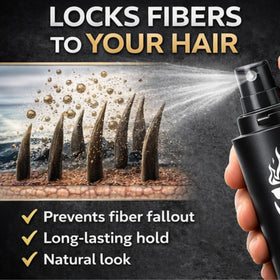 Man Essentials mist spraying onto hair fibers for stronger bond and long-lasting hold