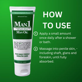 Man1 Man Oil close-up label highlighting ingredients and fragrance-free benefit