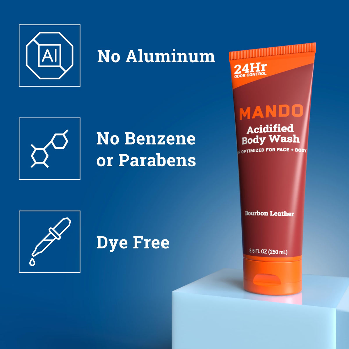 Mando bottle cap and dispense detail highlighting easy pump and measured use benefit