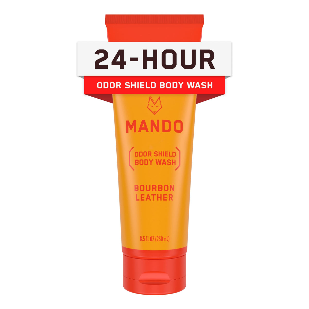 Mando bottle front showing Bourbon Leather scent and 8.5 oz size, clear branding and benefit