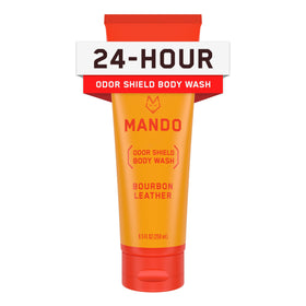 Mando bottle front showing Bourbon Leather scent and 8.5 oz size, clear branding and benefit