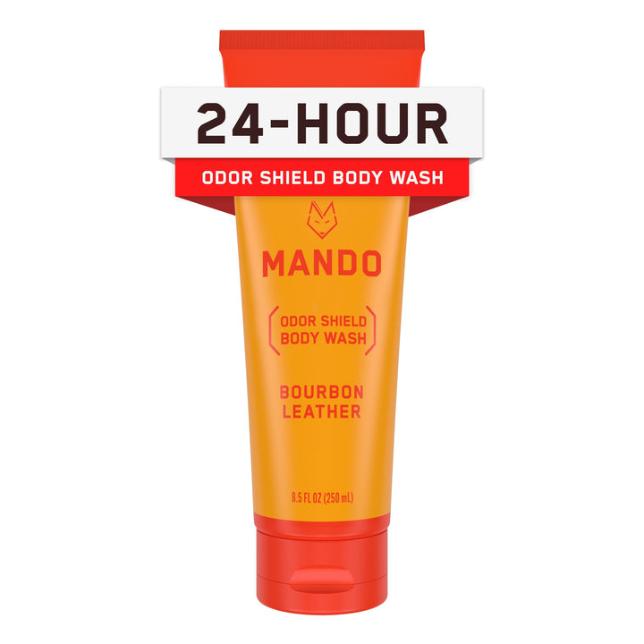 Mando bottle front showing Bourbon Leather scent and 8.5 oz size, clear branding and benefit