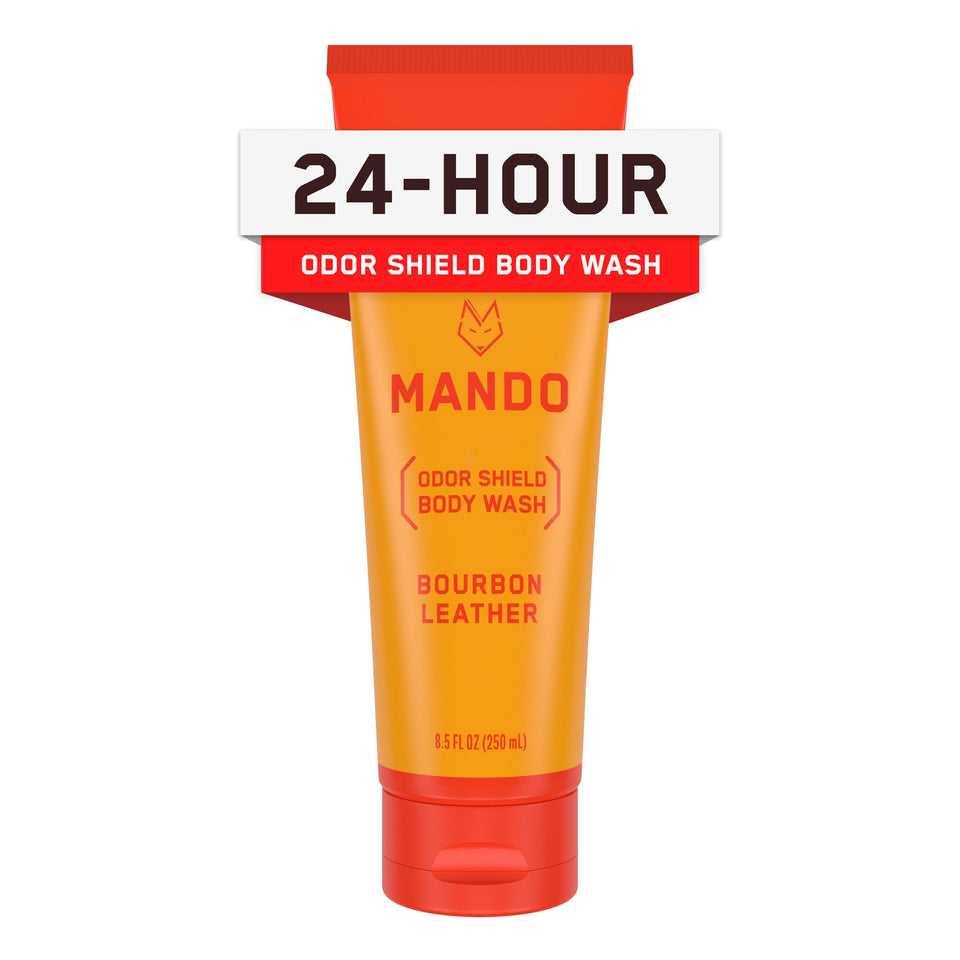Mando bottle front showing Bourbon Leather scent and 8.5 oz size, clear branding and benefit