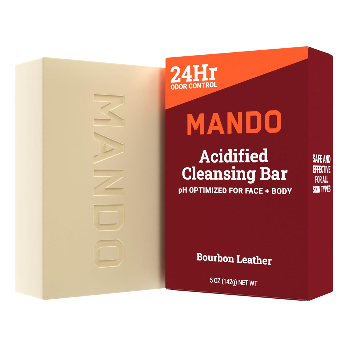 Mando front packaging showing Bourbon Leather scent and 24‑hour benefit