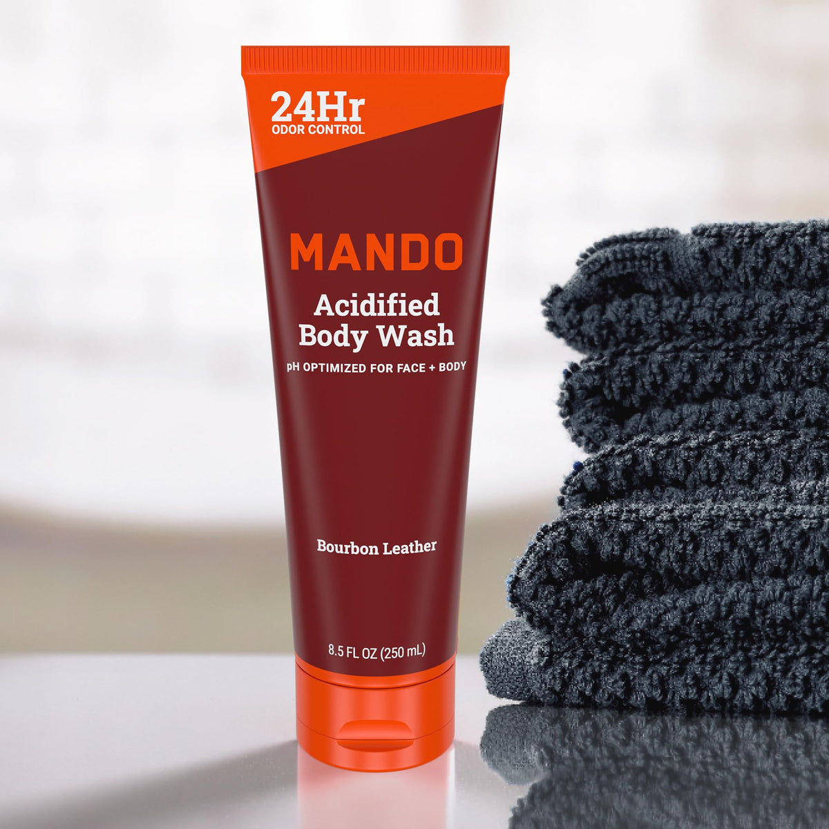 Mando feet cleansing in shower image showing deep-clean for odor-prone areas benefit