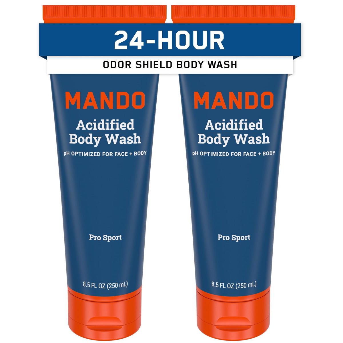 Mando front packaging shows Pro Sport body wash benefits and 8.5 oz size
