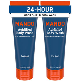 Mando front packaging shows Pro Sport body wash benefits and 8.5 oz size