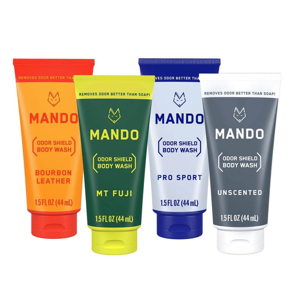 Mando front packaging showing four 1.5 oz travel tubes and scent names for convenience