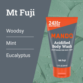 Hand holding a Mando mini tube demonstrating compact travel-friendly size and portability