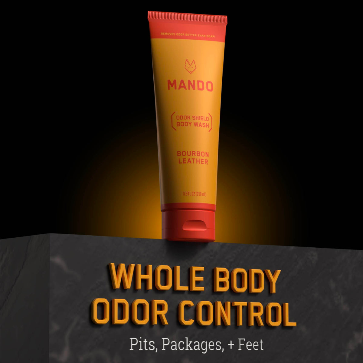 Person using Mando body wash in shower illustrating targeted odor control on the body
