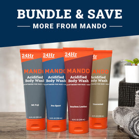 Mando in-shower use showing application on wet skin for daily odor control