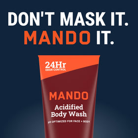 Mando lifestyle bathroom shelf display showing two-bottle pack complementing daily routine
