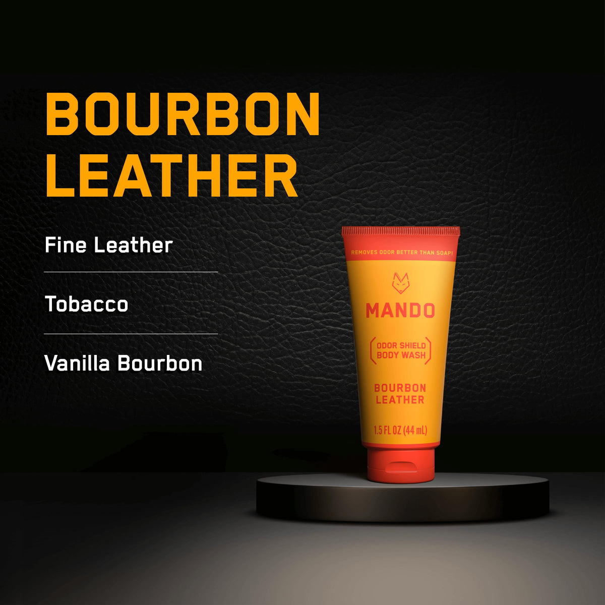Four Mando tubes lined up in Bourbon Leather Pro Sport Mt Fuji and Unscented options