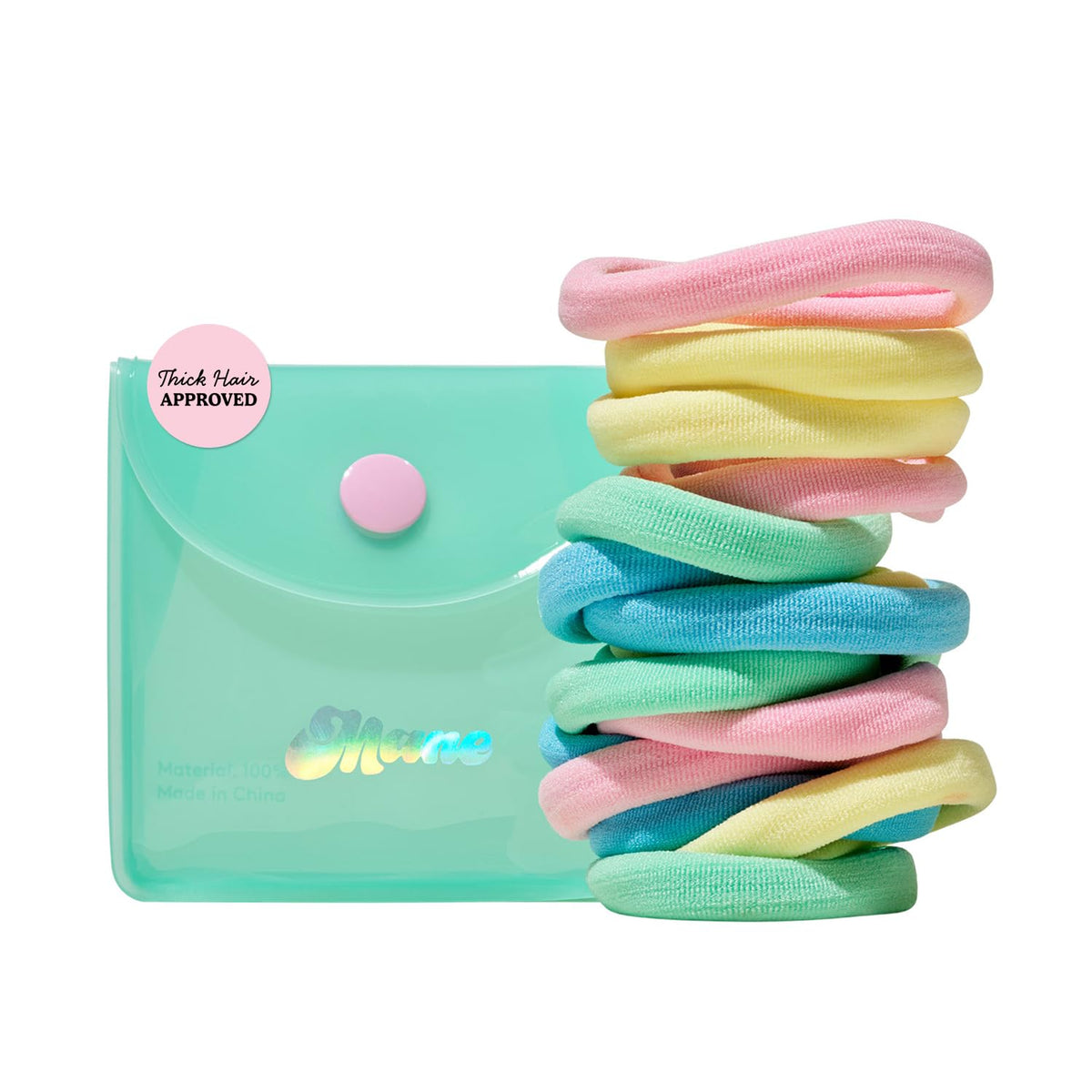 Mane front view of open case with eight colorful hair ties showing tidy storage and portability