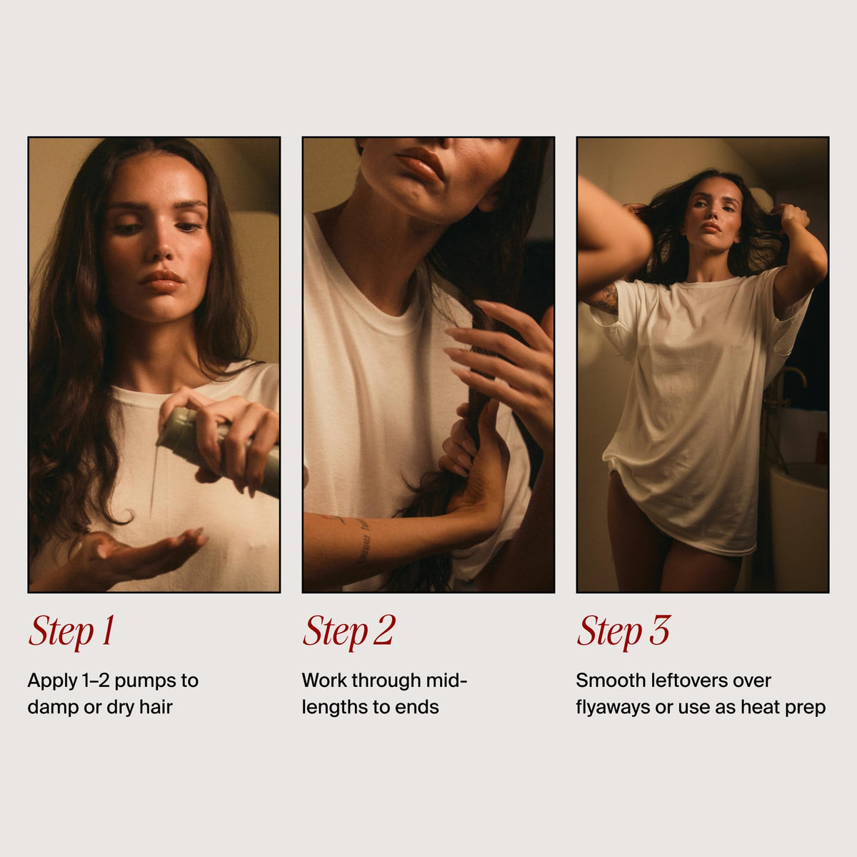 MANE IVY on damp hair before blow-drying for heat protection and shine