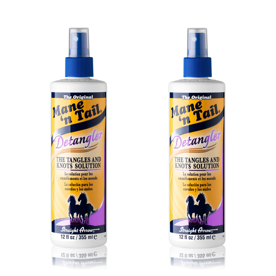 Mane 'n Tail front packaging showing two 24 fl oz bottles and apple blossom scent, easy storage benefit