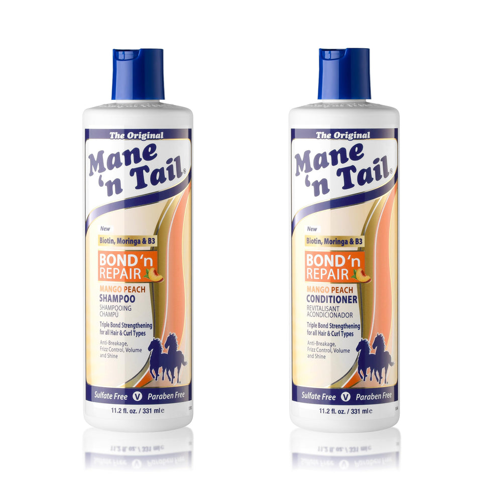 Mane ’n Tail front packaging showing duo and mango-peach scent for restorative benefits