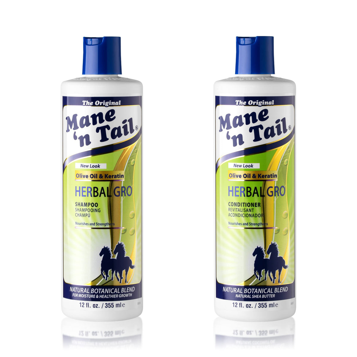 Mane 'n Tail front packaging showing both 12 oz bottles and benefits