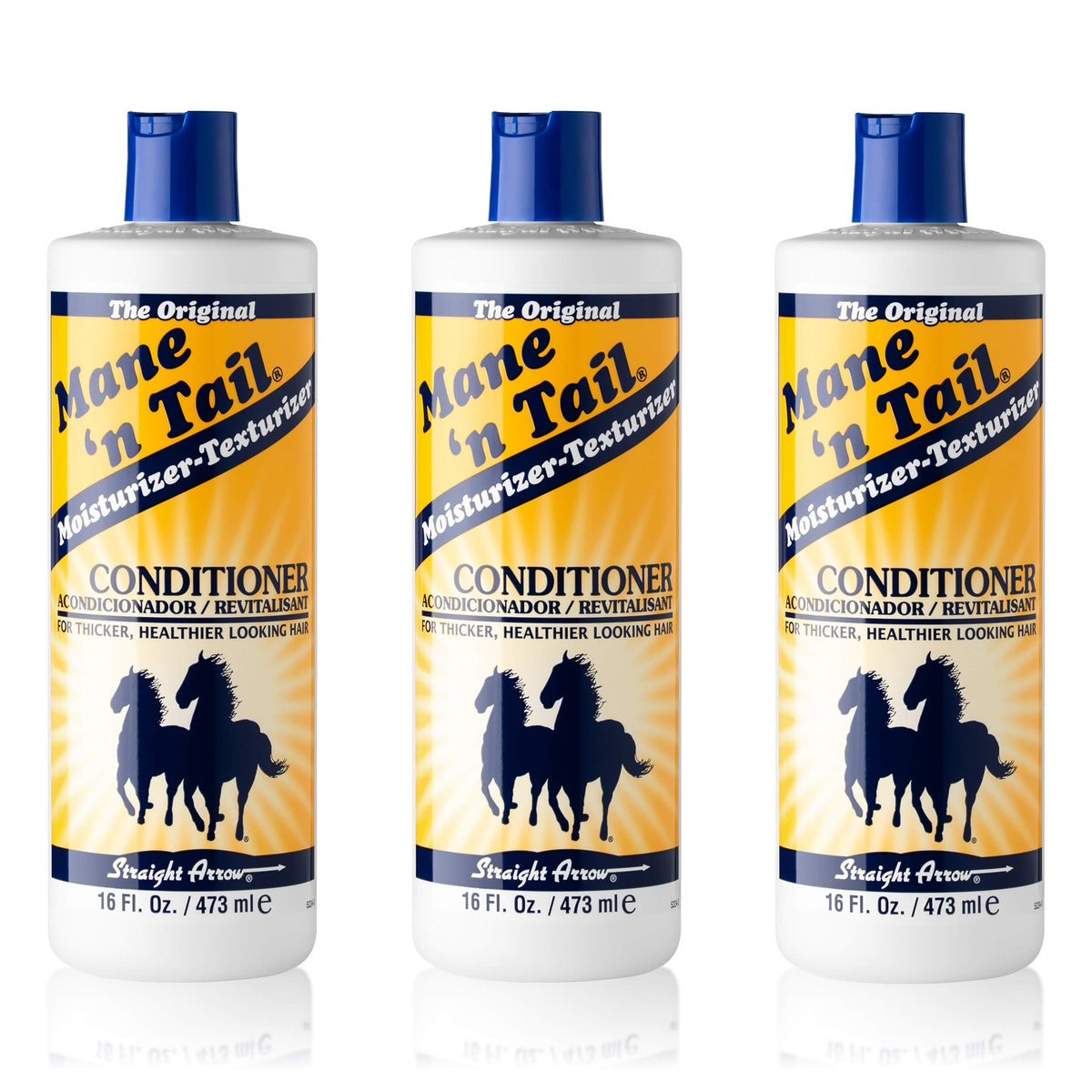 Mane 'n Tail front packaging showing three 16 oz bottles and product benefit