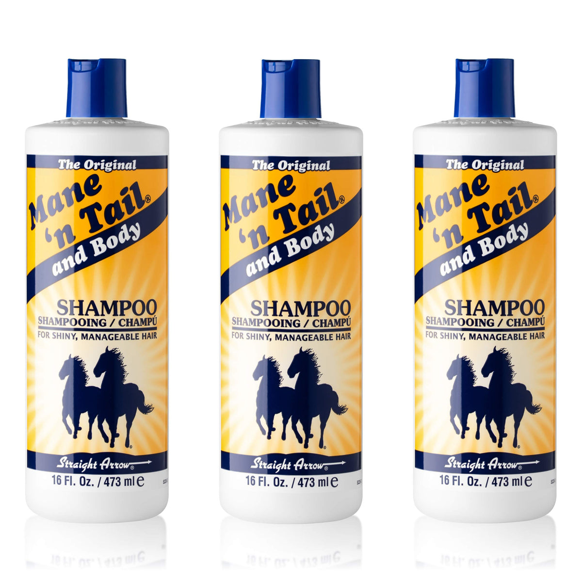 Mane 'n Tail front packaging showing three 16 oz bottles and product branding benefits