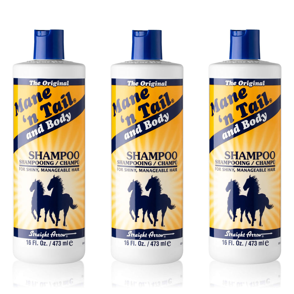 Mane 'n Tail front packaging showing three 16 oz bottles and product branding benefits