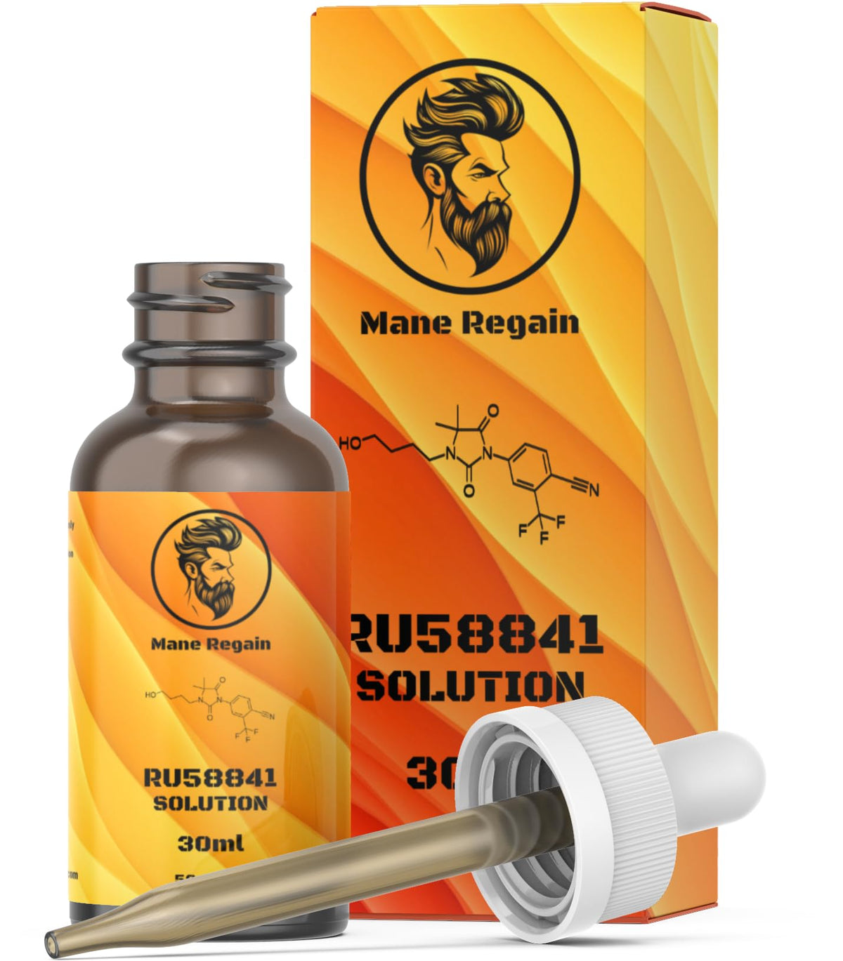 Mane Regain RU58841 bottle side profile highlighting packaging and liquid clarity for quality assurance