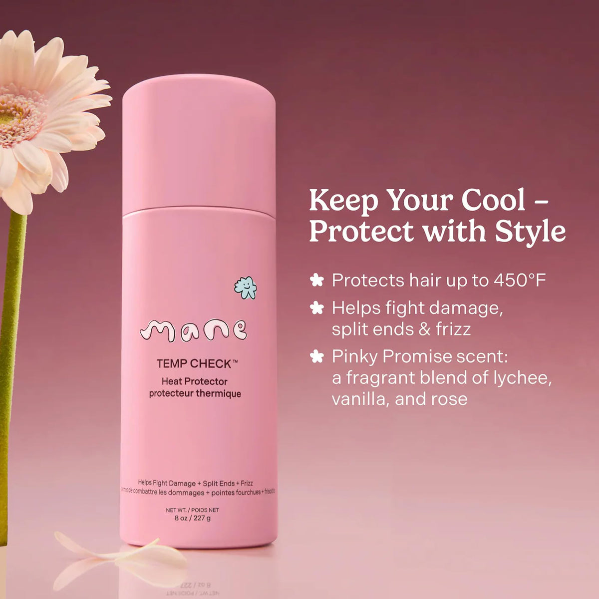 Mane bottle spraying mist onto hair demonstrating even coverage and protection