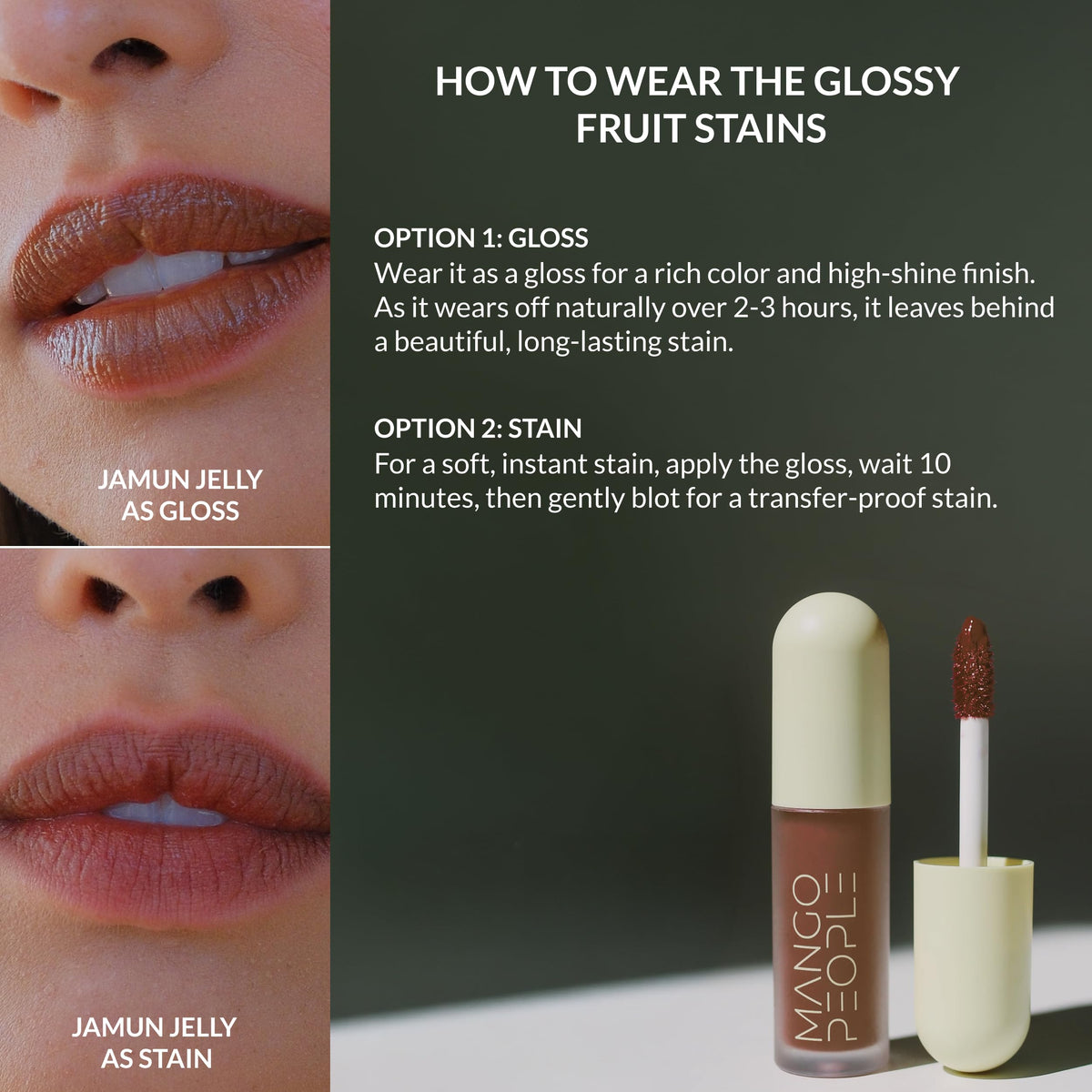 Mango People Jamun Jelly on lips as stain showing long-lasting tint