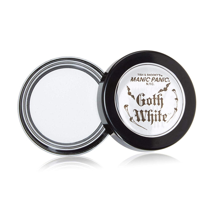 MANIC PANIC front packaging of goth white foundation showing product label and jar benefit bold base